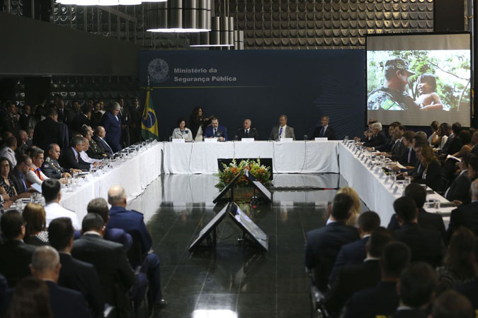 O presidente Michel Temer durante cerimônia de instalação do Conselho Nacional de Segurança Pública e Defesa Social, no Ministério da Justiça.