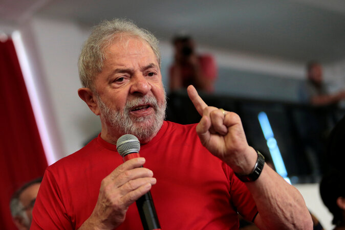 Former Brazilian President Luiz Inacio Lula da Silva speaks at the metallurgical trade union while the Brazilian court decides on his appeal against a corruption conviction, in Sao Bernardo do Campo